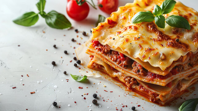Layered lasagna with beef and cheese on a neutral background. Close-up side view food photography. Italian cuisine and homemade meals concept. Design for recipe content, restaurant menu, food blog.