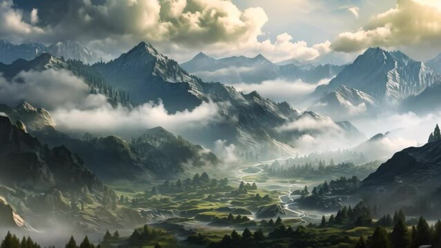 A captivating painting displaying a majestic mountain landscape adorned with billowing clouds., Photo-realistic illustration of mist-covered mountains in the morning, AI Generated