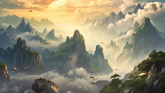 A beautiful painting capturing the graceful flight of birds gliding above a breathtaking mountain range, Photo-realistic illustration of mist-covered mountains in the morning, AI Generated