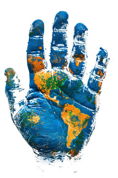 Handprint with texture of planet Earth map concept. Nature environment protection symbol. Human and ecology problem. Ai generated