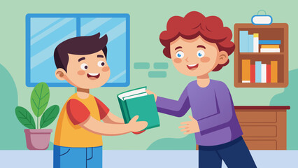 vector illustration of boy give a book to friend