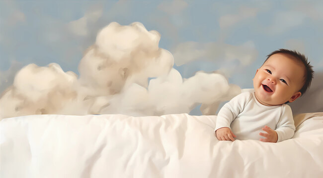 Adorable Baby Lying on Bed with Fluffy Clouds