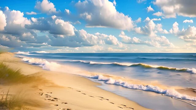 A breathtaking painting capturing the beauty of a serene beach with powerful waves crashing onto golden sands, Sandy beach, ocean, and a beautiful sky in the landscape view, AI Generated