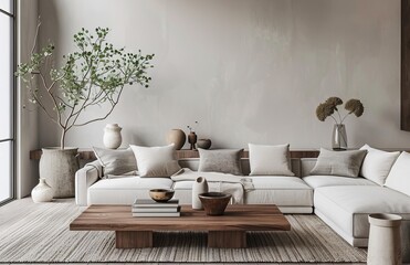 Fototapeta na wymiar A modern living room with an oversized white sofa, grey cushions and wooden coffee table