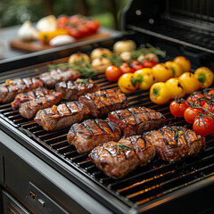 A grill with meat and vegetables on it ai technology - obrazy, fototapety, plakaty