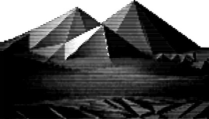 Naklejka premium Striped filter abstracts low-poly mountains into grayscale.