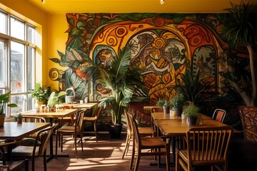 Cozy Cafe Interior with Vibrant Mural and Green Plants