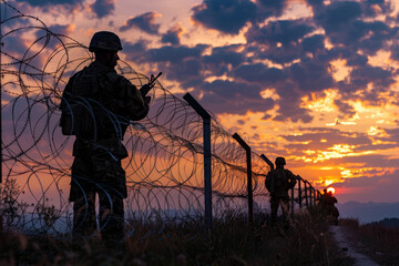 Two soldiers stand guard at a barbed wire fence