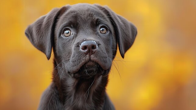 Gorgeous puppy chocolate Labrador Retriever set against a yellow backdrop. Generative Ai