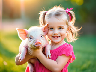 A little girl holds a little pig in her arms