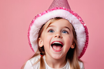 A little girl is laughing with happiness on a light red background