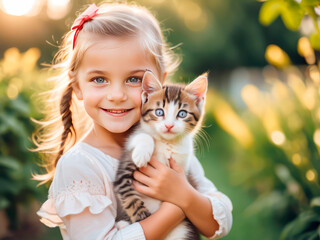 A little girl holds a kitten in her arms