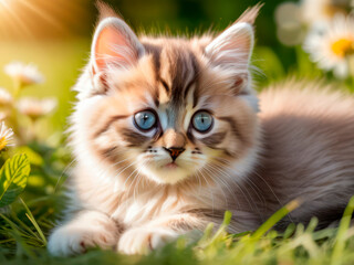 A fluffy kitten in the garden lies in the grass in close-up