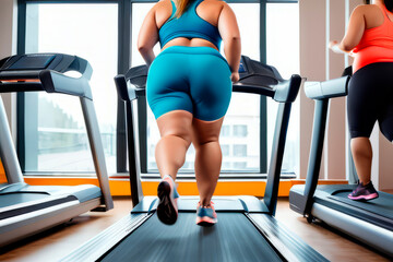 fat woman running on a simulator rear view