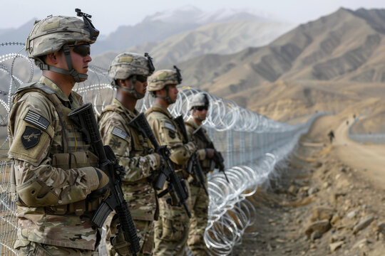 Four soldiers stand in front of a barbed wire fence