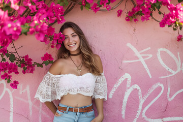Smiling woman in a white crop top by a pink wall with bougainvillea. Summer vibe and youth lifestyle concept. Design for fashion blog, clothing brand advertisement, or social media campaign