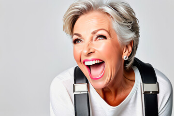 an elderly woman laughs with happiness