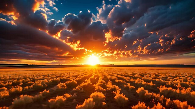 A stunning photograph capturing the sun as it dips below the horizon, casting a warm, golden light over a sprawling field, Spectacular sunset over the field, AI Generated