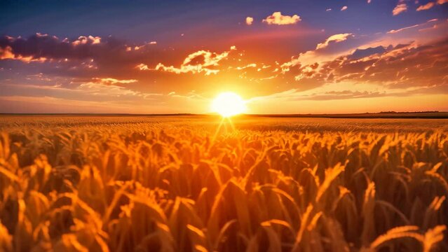 A captivating photo capturing the serene beauty of the sun setting over a vast wheat field, Spectacular sunset over the field, AI Generated