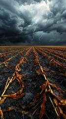 Amidst the roar of thunder, a vast field of withered crops stretches into the darkness
