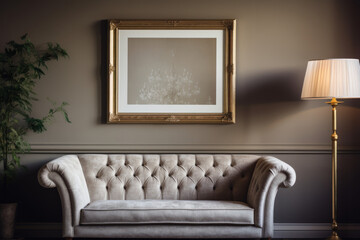 a single picture frame hanging on an wall in vintage living room with couch and lamp