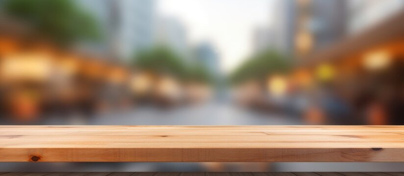A beautiful landscape with a wooden table set against a blurry city street background, showcasing tints and shades of wood, grass, road, and sky