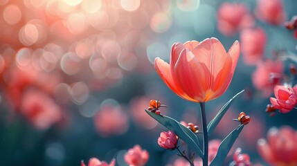 Gorgeous springtime blooms tulip replica on a background of leaves and greenery. Generative Ai - obrazy, fototapety, plakaty