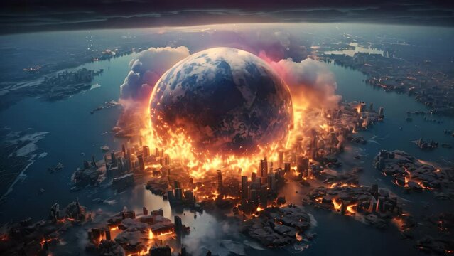 A captivating photograph capturing the horror and intensity of a city ablaze under the night sky, The end of planet Earth, AI Generated