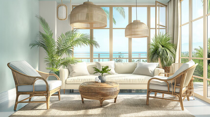 Coastal style room in light pastel hues with rattan furniture - obrazy, fototapety, plakaty
