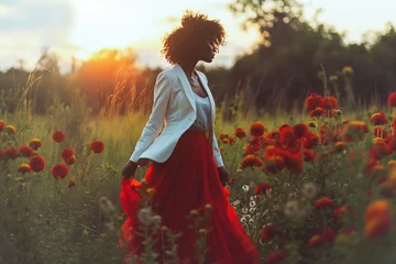 Abwaschbare Fototapete girl in a poppy field, Woman in red dress walking through poppy field at sunset. Outdoor lifestyle portrait with natural backlight. Freedom and joy concept for design and print. Side view  © Udari