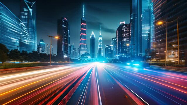 Bustling City Street With Heavy Night Traffic, The light trails on a modern building background in Shanghai, China, AI Generated