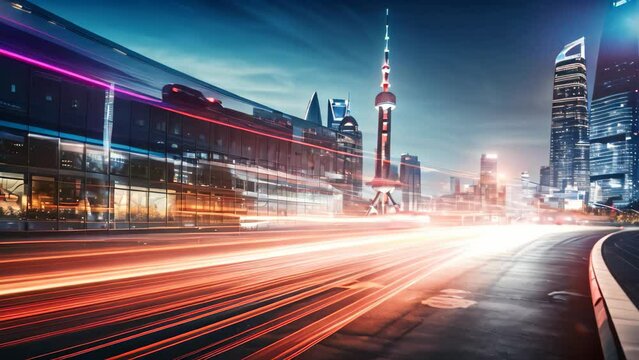 A stunning long exposure photo captures the nighttime aura of a city, with lights illuminating the urban landscape, The light trails on a modern building background in Shanghai, China, AI Generated