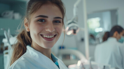 Fototapeta premium A woman in a white lab coat is smiling at the camera
