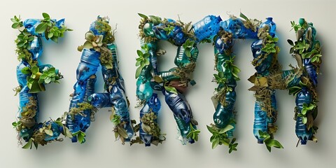 Earth day illustration. Big words made with plastic bottles. Environment problem concept, recycle to save planet. White background, ai generated.