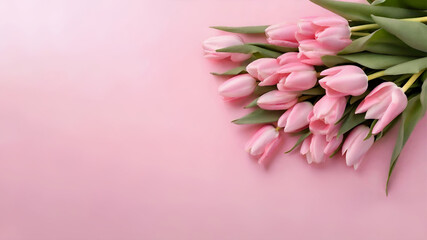 bouquet of pink tulips on a pink background, Mother's Day, Women's day, Birthday card	