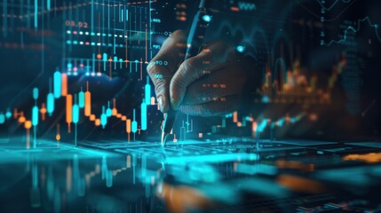 analysis working with the latest financial results. Analysis of sales forecast graphs, financial accounting with hand writing Abstract digital effect for background