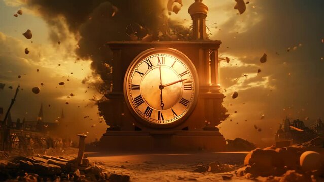 A solitary clock sits in the midst of a sprawling green field, commanding attention with its presence, Time getting destroyed, AI Generated