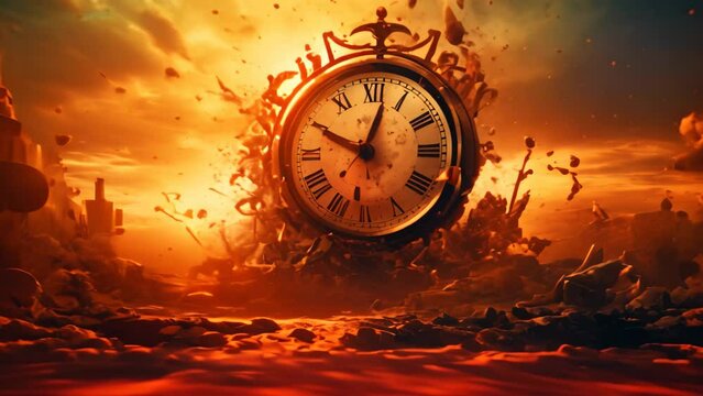 A striking image of a massive clock placed atop a mound of destroyed debris in a decaying cityscape, Time getting destroyed, AI Generated