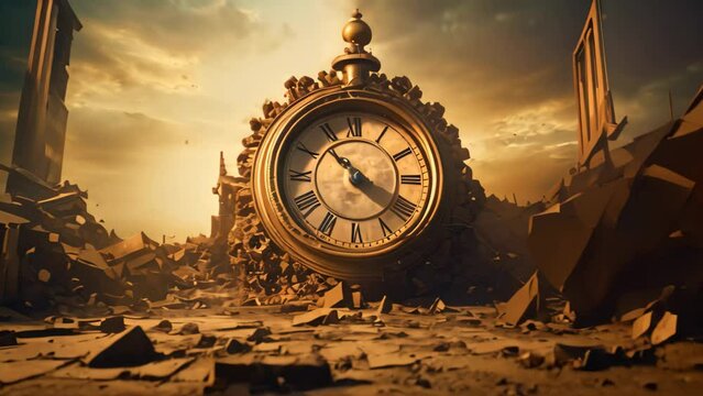 A lone clock is positioned in the center of a room, surrounded by empty space, Time getting destroyed, AI Generated