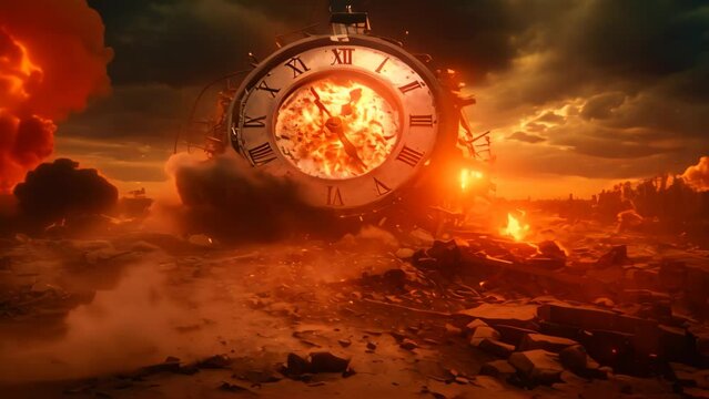 A striking image displaying a sizable clock precariously perched atop a chaotic stack of debris and ruin, Time getting destroyed, AI Generated