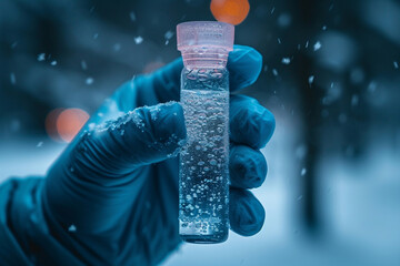 A medical worker in a protective suit holds in his hands a frozen tube with biomaterial or stem cells in cryogenic storag. Bank of liquid nitrogen containing a suspension of stem cells. - obrazy, fototapety, plakaty