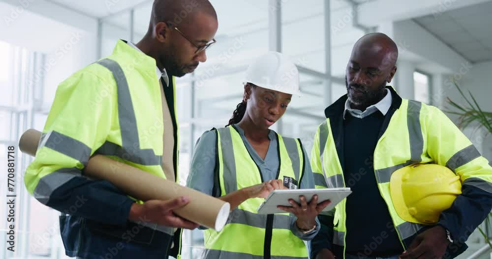 Aufkleber construction, team and tablet with planning and civil engineering with project management. conversat