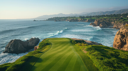 A group of friends tees off on a scenic oceanfront golf course, with crashing waves and rugged...