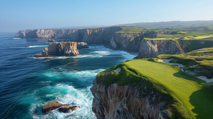 A group of friends tees off on a scenic oceanfront golf course, with crashing waves and rugged cliffs providing a dramatic backdrop as they navigate the challenging holes and enjoy - obrazy, fototapety, plakaty