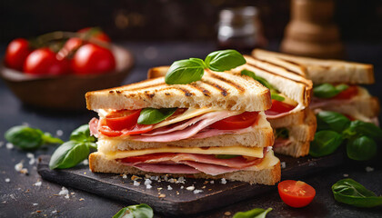 Grilled panini with ham, red tomatoes, cheese and basil. Tasty fast food on table. Delicious meal.