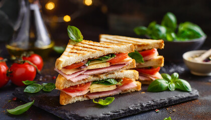 Grilled panini with ham, red tomatoes, cheese and basil. Tasty fast food on table. Delicious meal. - obrazy, fototapety, plakaty