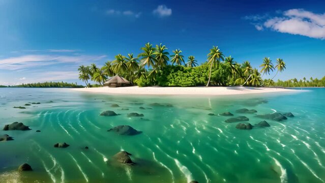 This photo captures the tranquility of an island nestled in the middle of the expansive ocean, Tropical island scene in the Maldives during the summer, Panorama, AI Generated