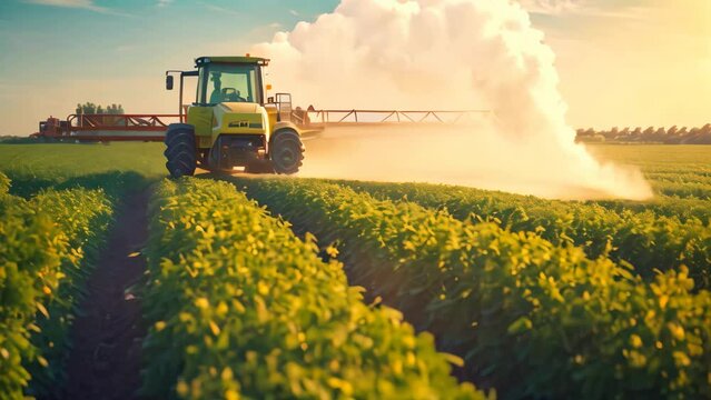 A tractor is seen spraying pesticide on a vivid green field, Tractor spraying pesticides fertilizer on soybean crops farm field in spring evening, AI Generated