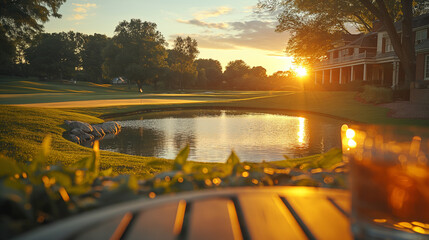 A group of business executives enjoys a corporate golf outing at a luxury resort club, networking on the course and discussing deals over rounds of golf before retiring to the club