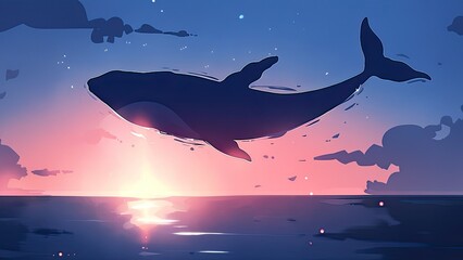 クジラと幻想的な夕焼け_2 - obrazy, fototapety, plakaty